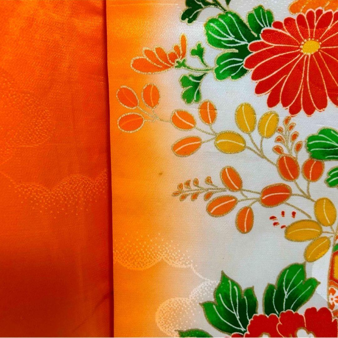 オレンジ　金駒刺繍　源氏車　花　七五三　7歳　13点フルセット　髪飾り付き
