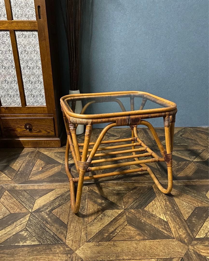 ガラステーブル 籐 ラタン 昭和レトロ インテリア 当時物