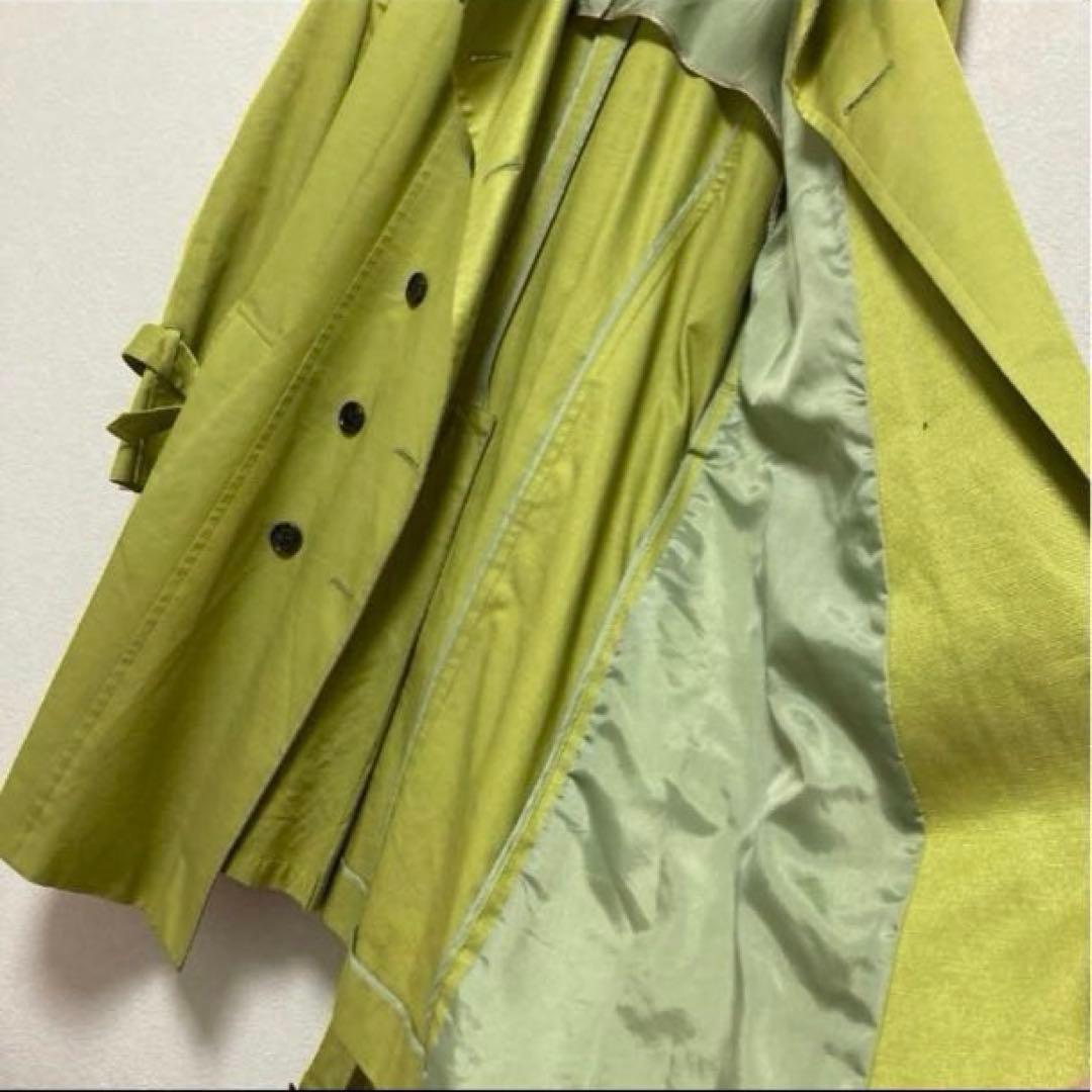 美品23区大きめレディーストレンチコート　ロングコート46号ライムグリーン黄緑