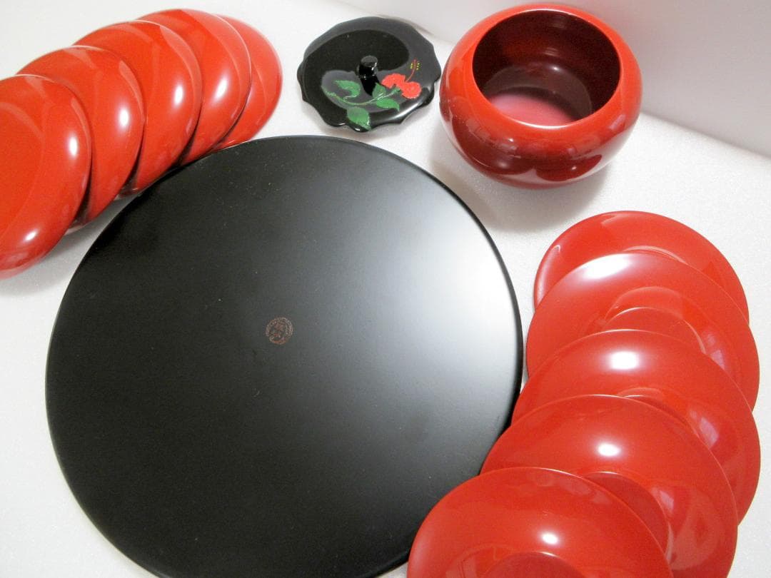 【美品】琉球漆器 菓子器 銘々皿 茶托 丸盆 計12点まとめて / 沖縄伝統工芸