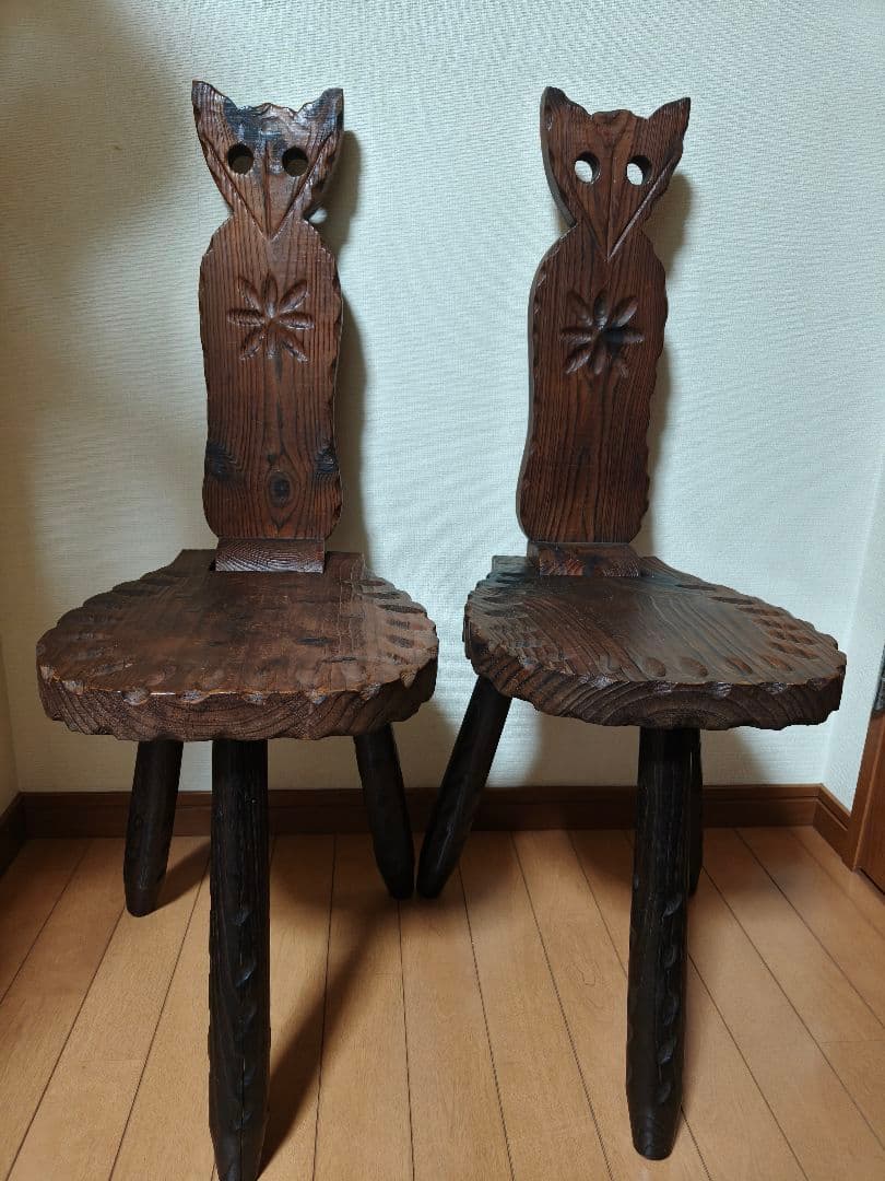 2個セット猫型木製三脚折りたたみ椅子 チェア