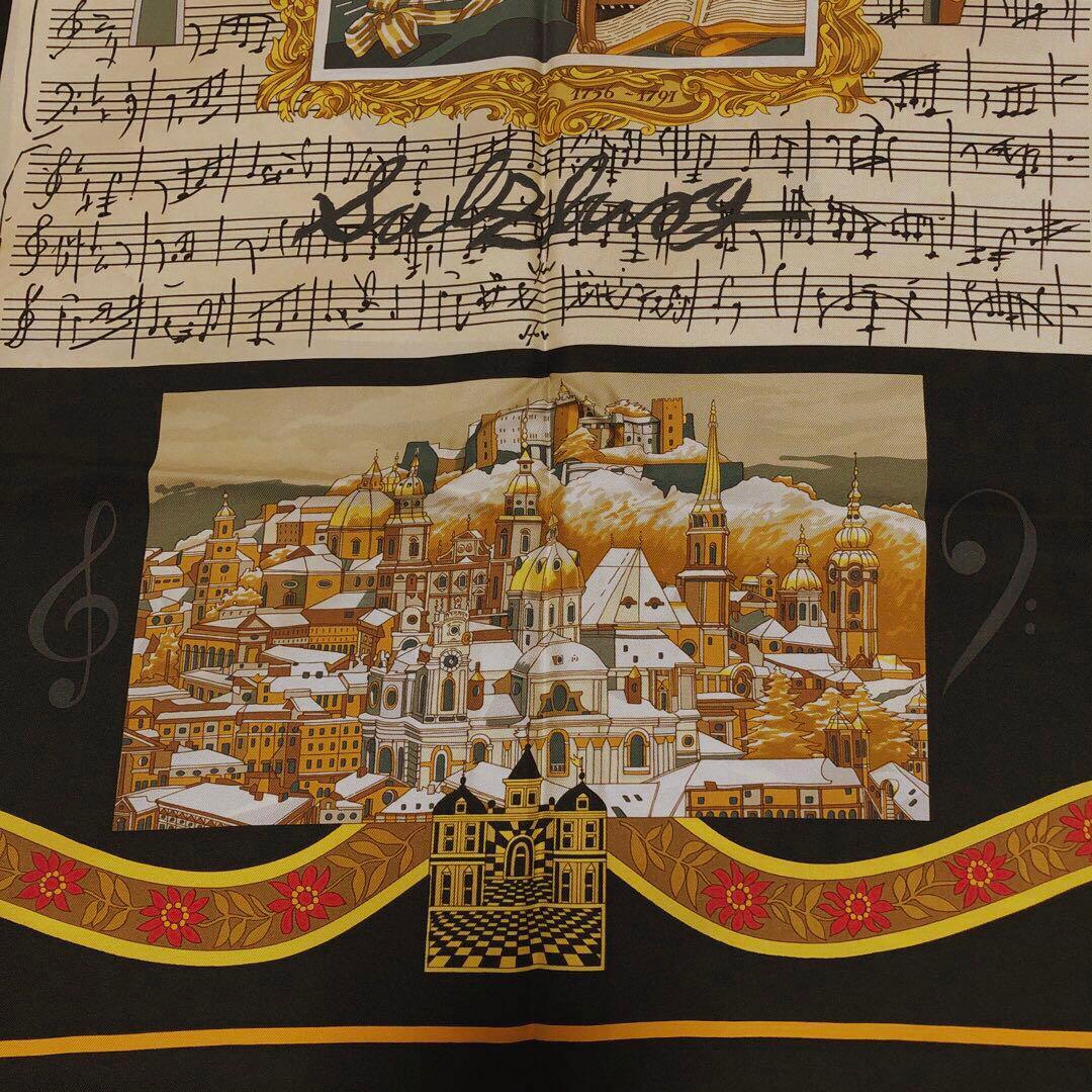 HERMES エルメス スカーフ カレ90 大判 黒 黄 ゴールド 音符