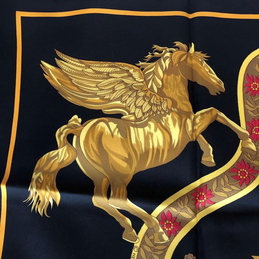 HERMES エルメス スカーフ カレ90 大判 黒 黄 ゴールド 音符