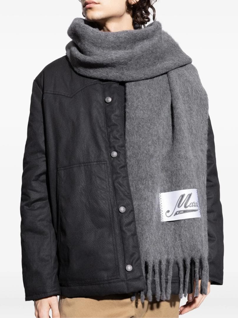 新品 MARNI ブラッシュドアルパカ製 フリンジ付き マフラー グレー