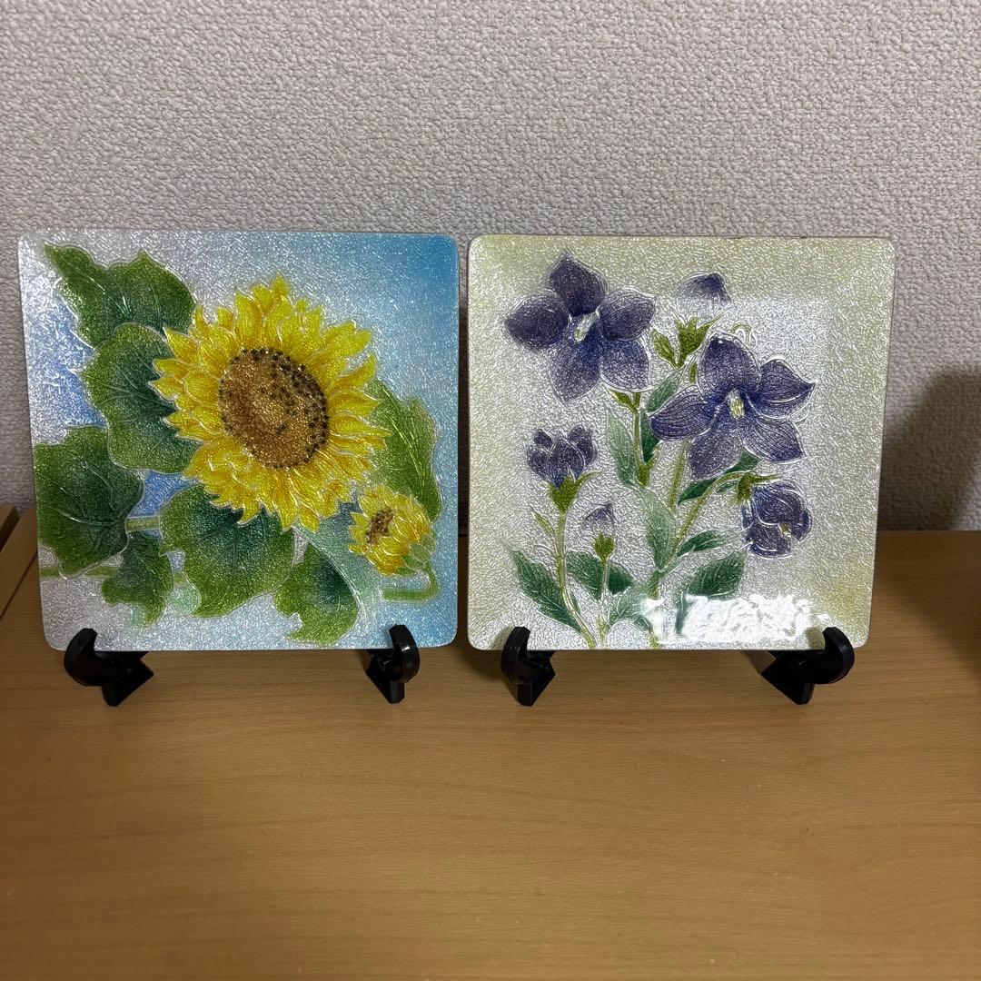 創作七宝　飾り皿　ひまわり・トルコキキョウ