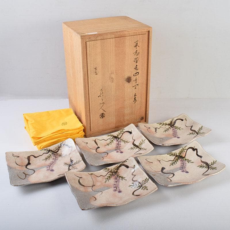 Sake　鼠志野　四方皿　五客　共布　黒田陶々庵極め箱　M　R9064B