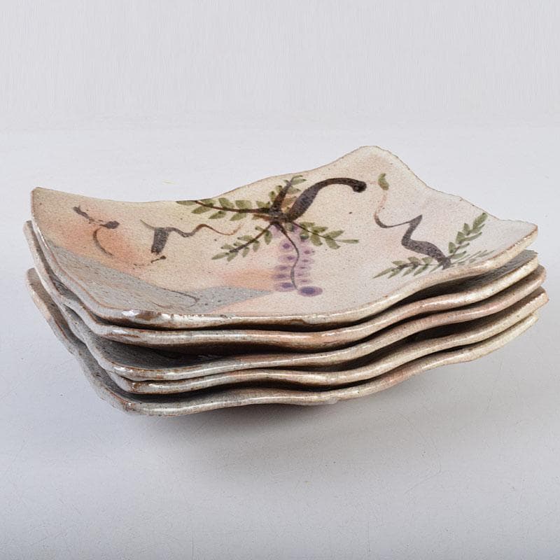 Sake　鼠志野　四方皿　五客　共布　黒田陶々庵極め箱　M　R9064B