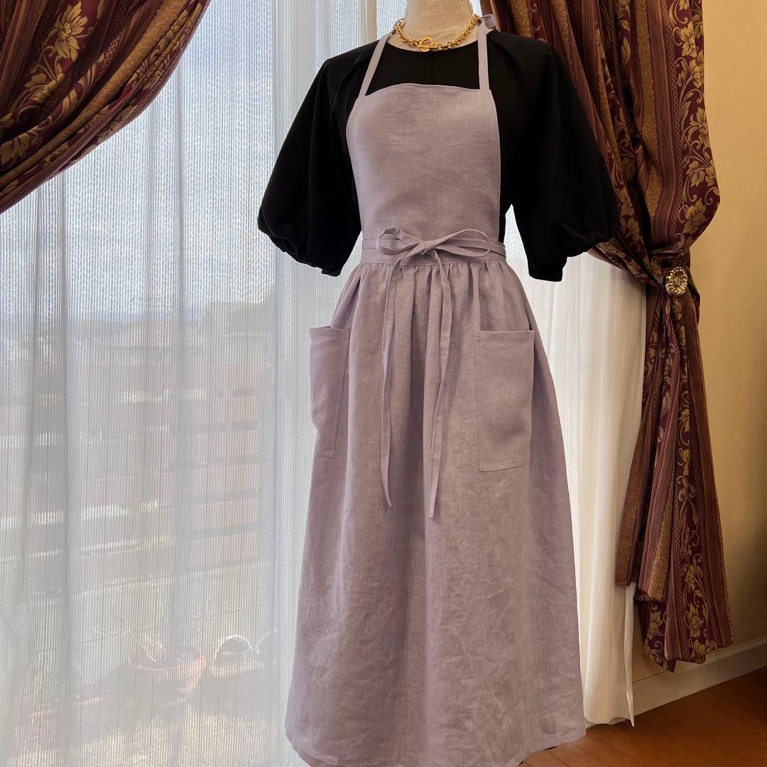 リネン100 2wayギャザーエプロン ラベンダー ハンドメイド