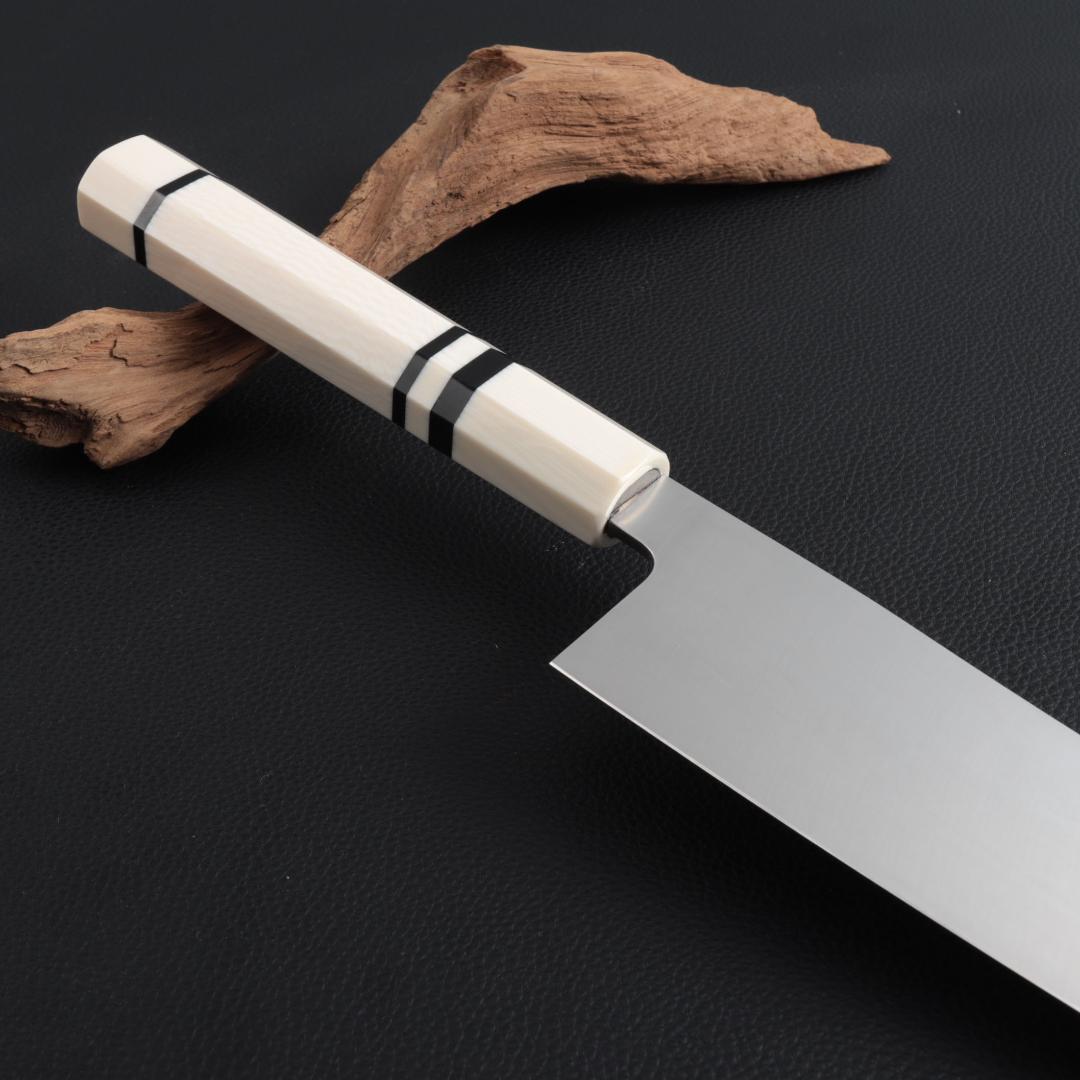 8937 三徳包丁 7寸 刺身包丁 両刃 万能包丁 人工象牙黒三本巻八角柄