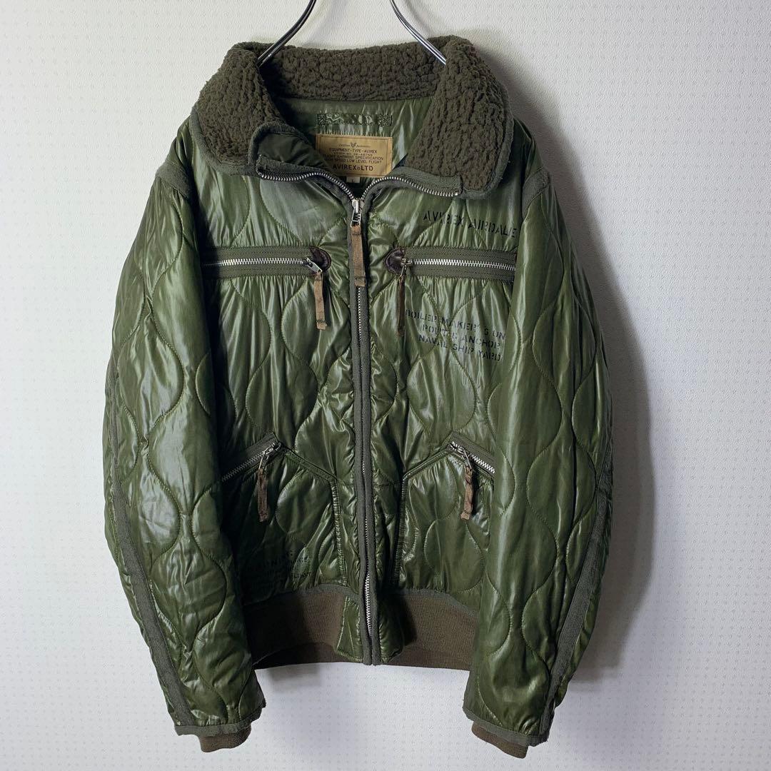 avirex キルティングフライトジャケット L カーキ 中綿 ボア ジップ