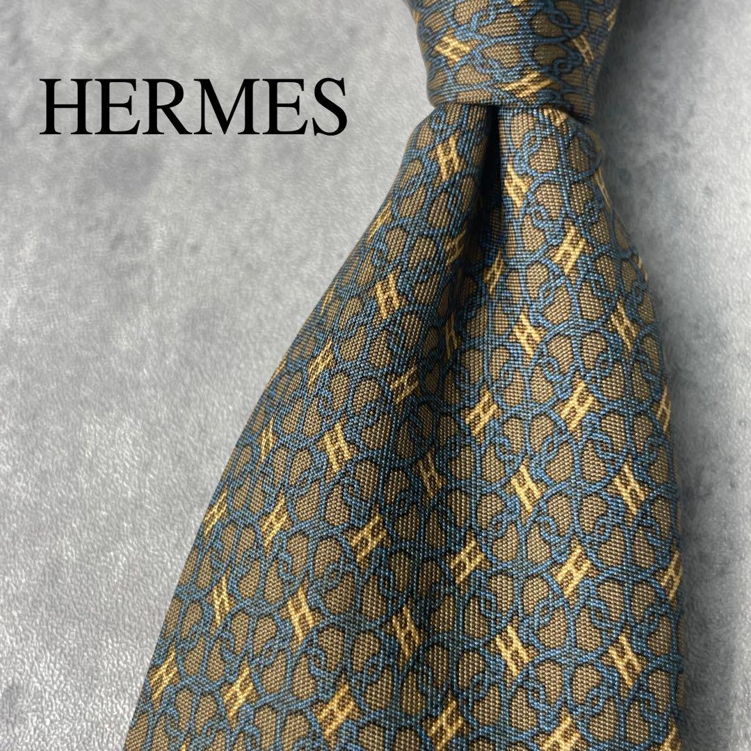 美品 HERMES エルメス H柄 リング 総柄 ネクタイ ブラウン 茶