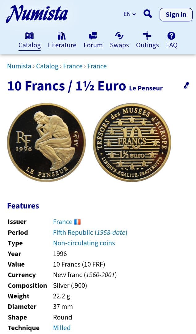 【希少】フランス 10フラン銀貨 1½ユーロ銀貨 ロダン『考える人』プルーフ