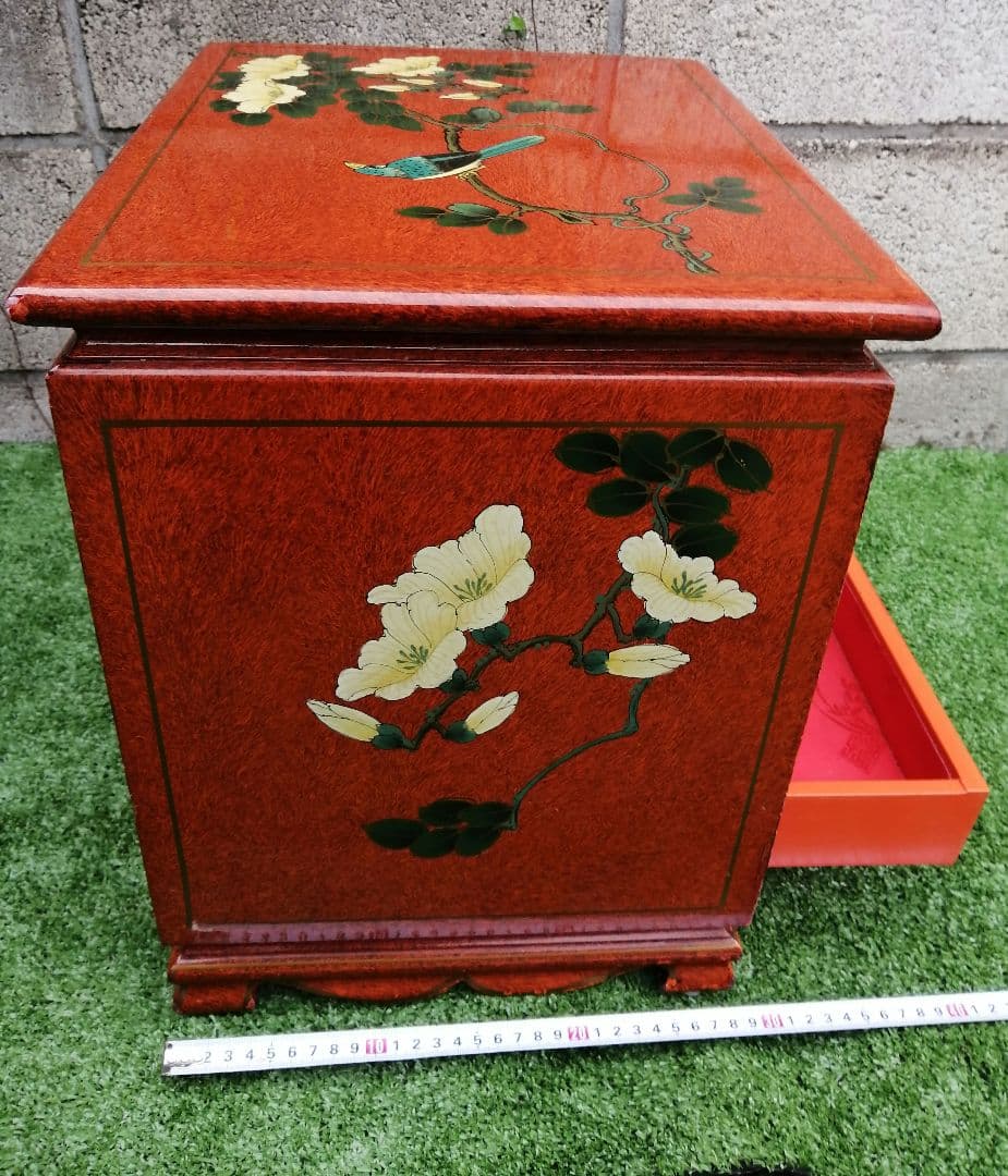 ヴィンテージ 花柄 小型木製箪笥　シノワズリ　漆塗り　アジアン　李朝　チェスト