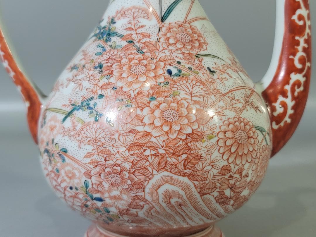 九谷 赤絵 草花紋 細密画 水注 時代物 DT791