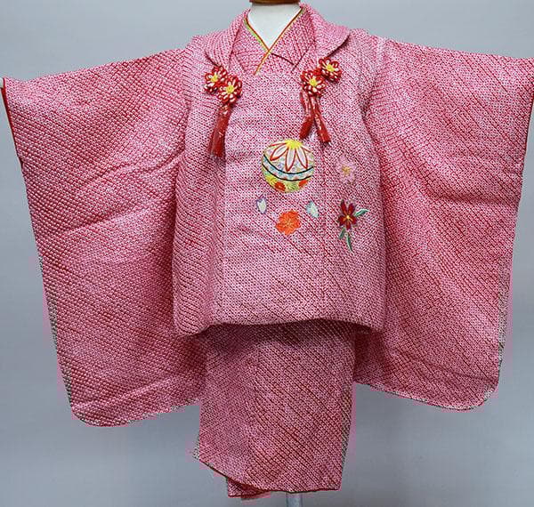 七五三 三歳 女児 被布着物フルセット 正絹 総絞り 赤 お仕立て無料