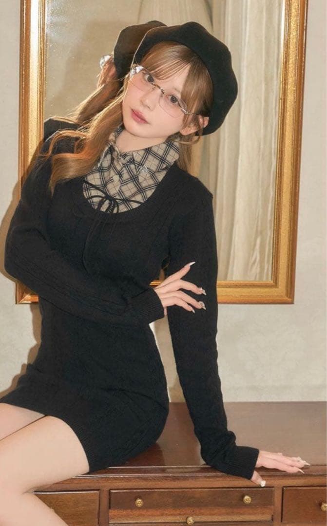 ミシェルマカロン シャツレイヤード風ニットワンピース