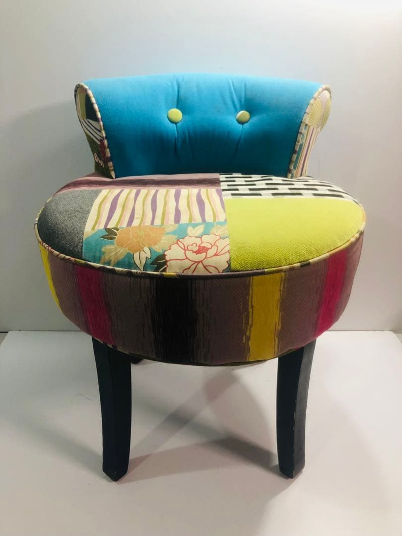 パッチワーク　カラフルチェア　スツール　ファブリック　インテリア　ブルー