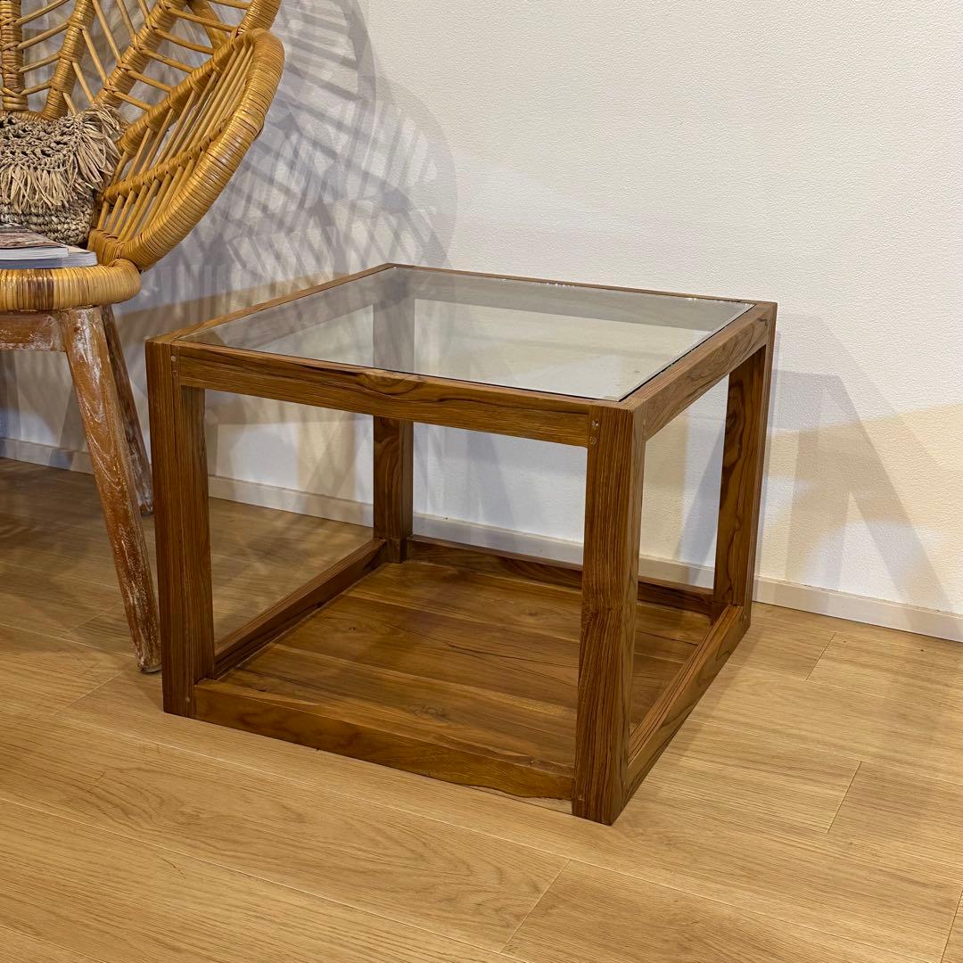 【訳あり】バリ島チーク無垢材ガラステーブル 正方形 通常44,000円がなんと！