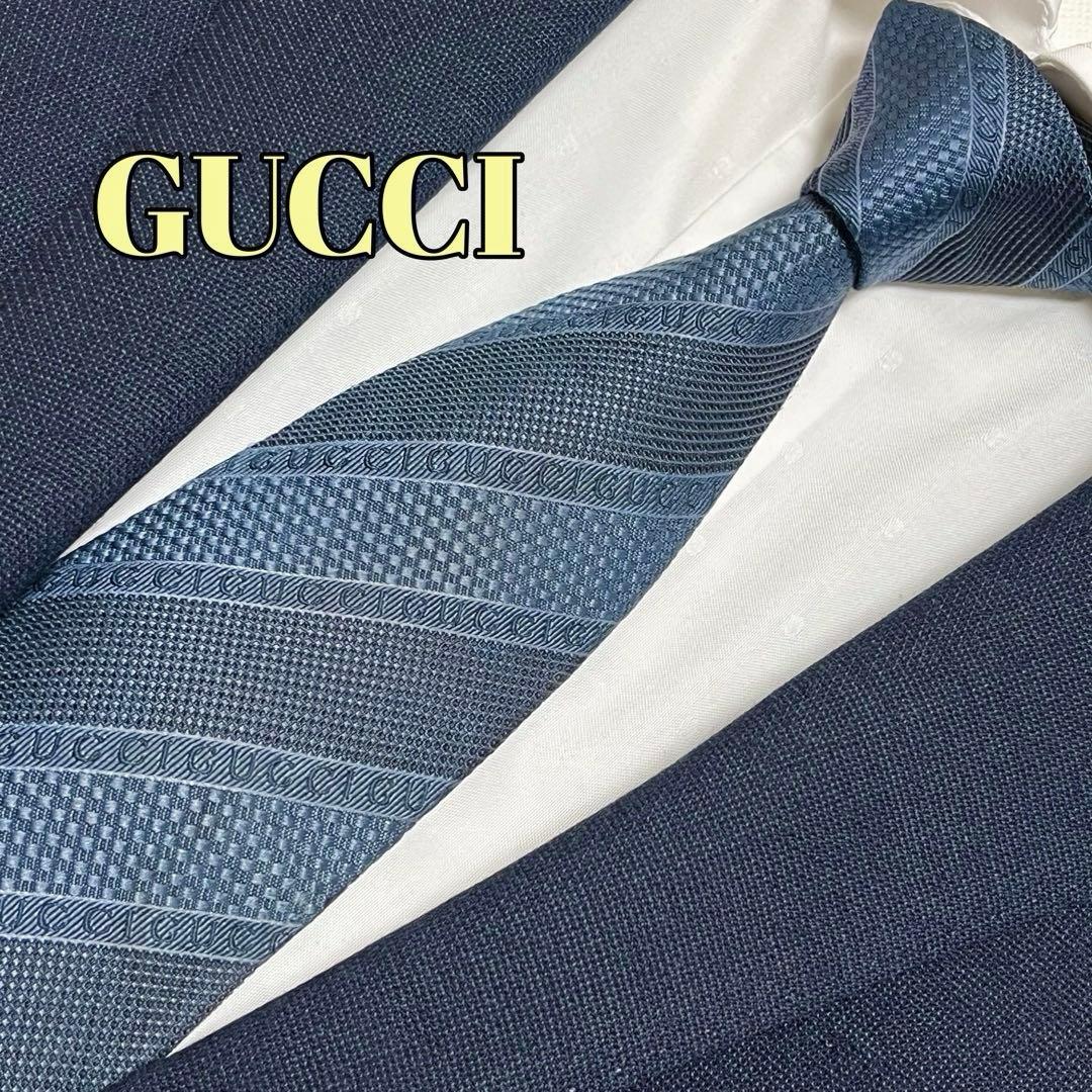 GUCCI グッチ 現行 ロゴ入り 蜂タグ ブルー グレー ネクタイ イタリア製