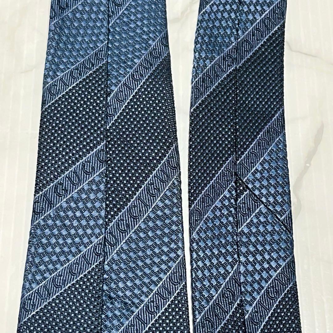 GUCCI グッチ 現行 ロゴ入り 蜂タグ ブルー グレー ネクタイ イタリア製