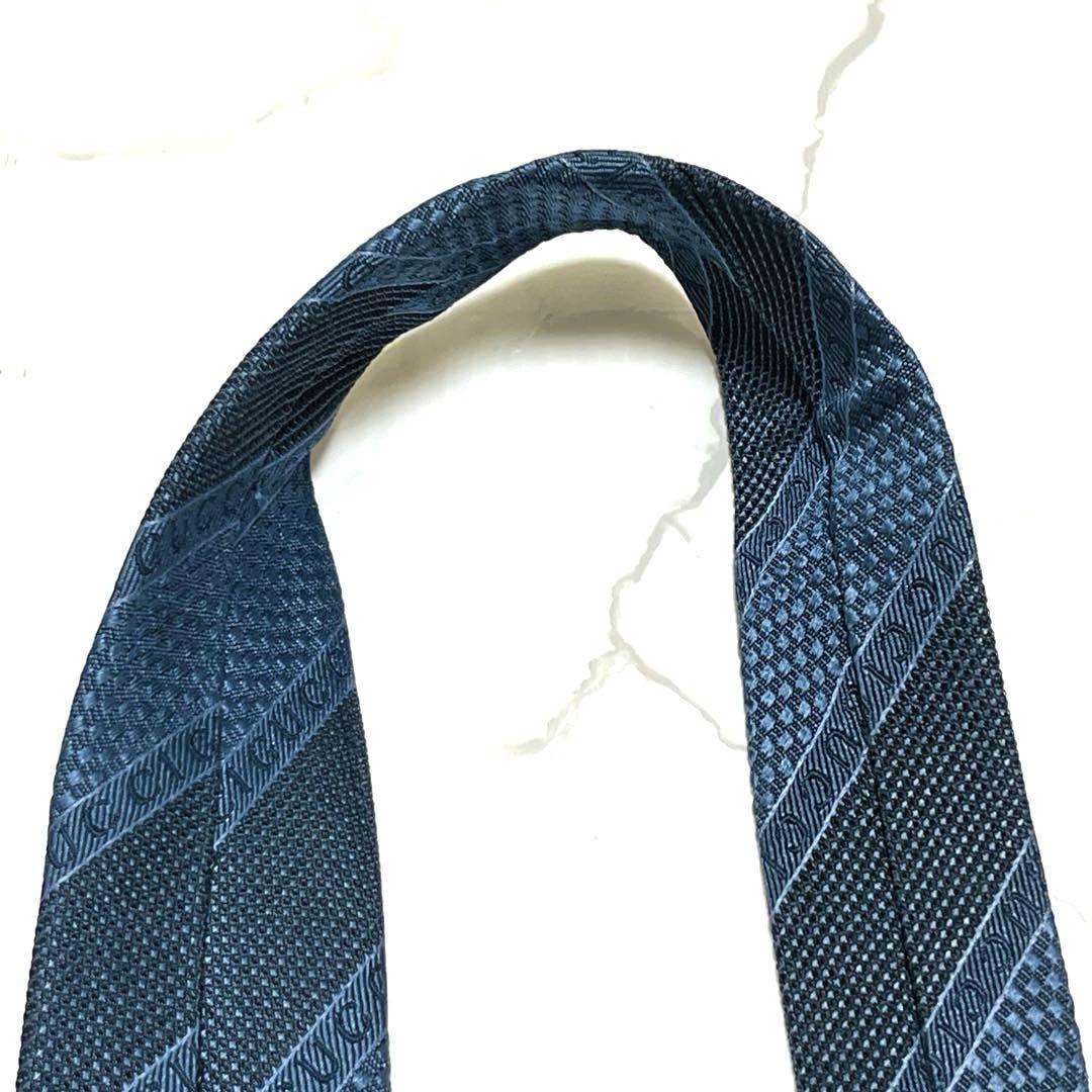 GUCCI グッチ 現行 ロゴ入り 蜂タグ ブルー グレー ネクタイ イタリア製