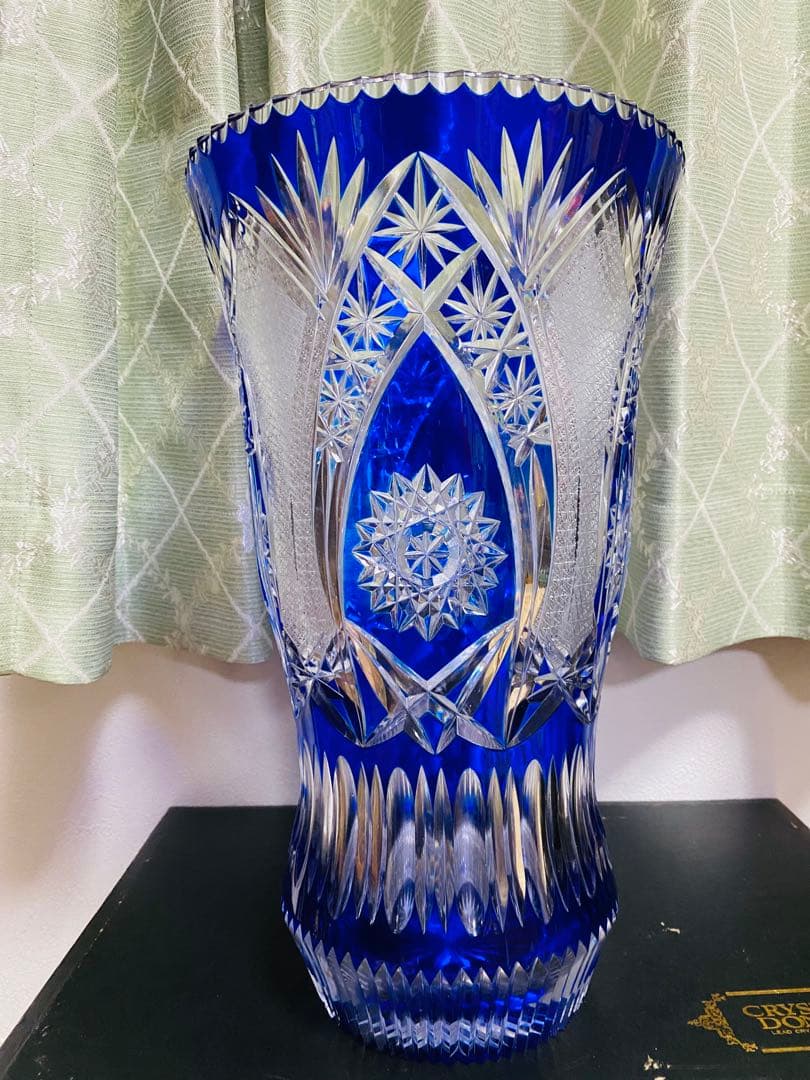 青色クリスタルガラス花瓶 大.