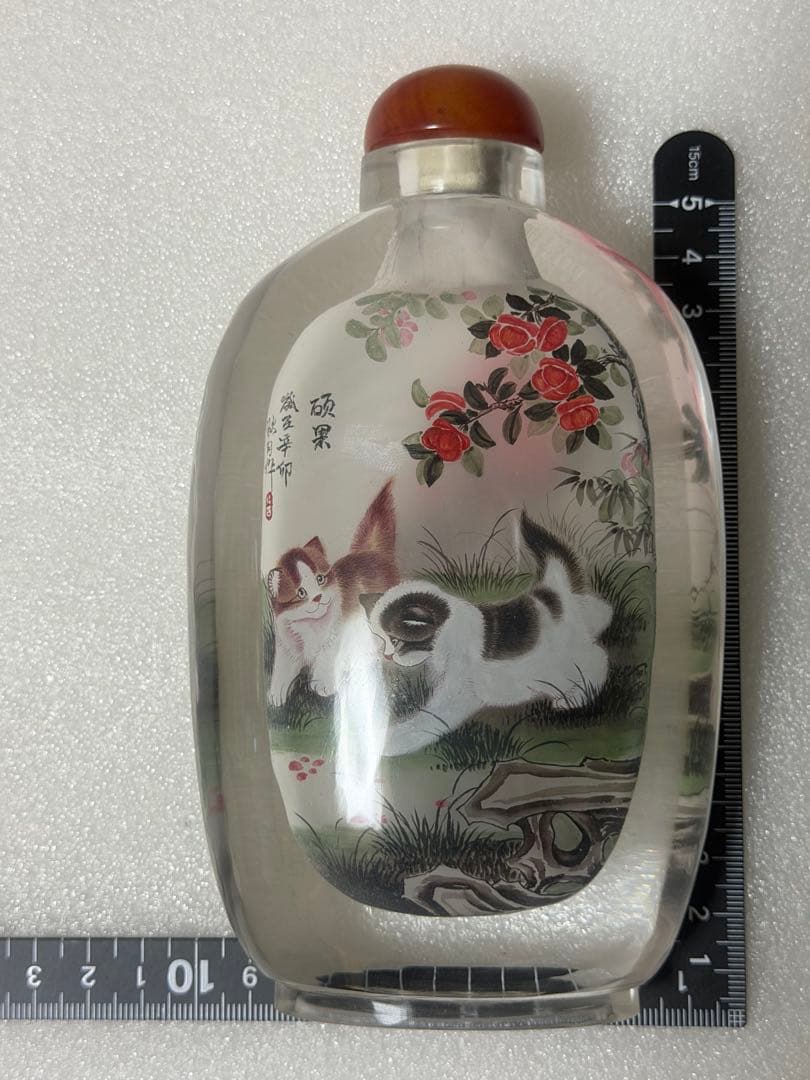 猫と花の絵柄 ガラス製鼻煙壺