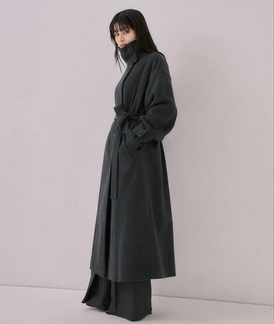 スタンドカラーロングコート｜保温/撥水/静電気防止/ウール100%ベルト付き