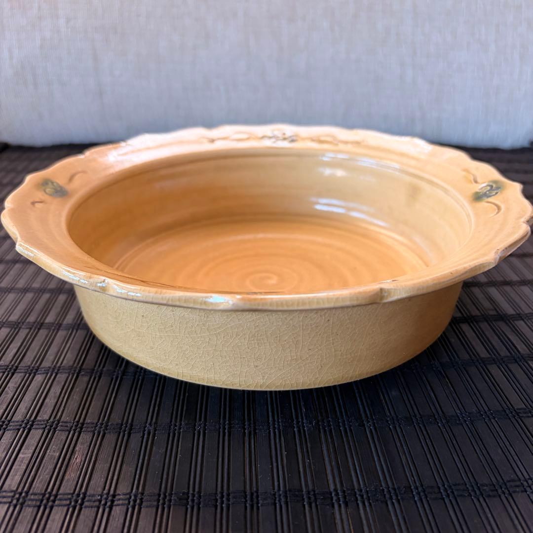 【未使用保管品】黄瀬戸焼 郷之窯 【水野健二】作 輪花銅羅鉢 菓子鉢 大鉢盛鉢