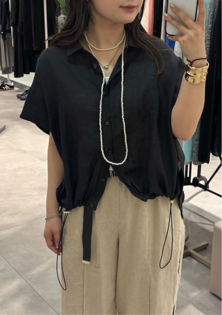 新品 今期 doudou リネンドロストフレンチシャツ シアー ブラック