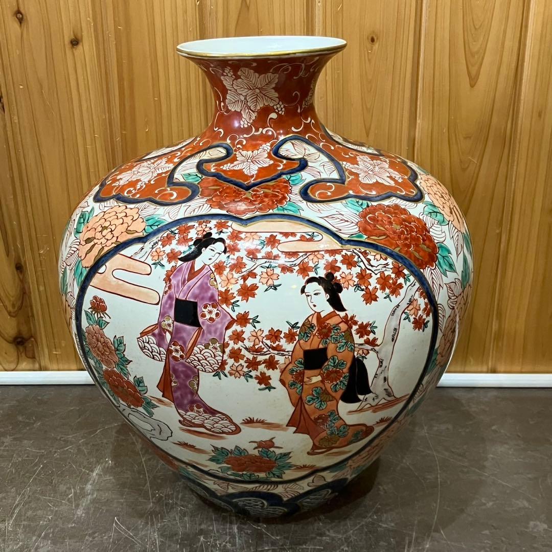【有田焼/古泉窯 花瓶】赤絵 美人 花 高さ42cm 飾壺 古美術品