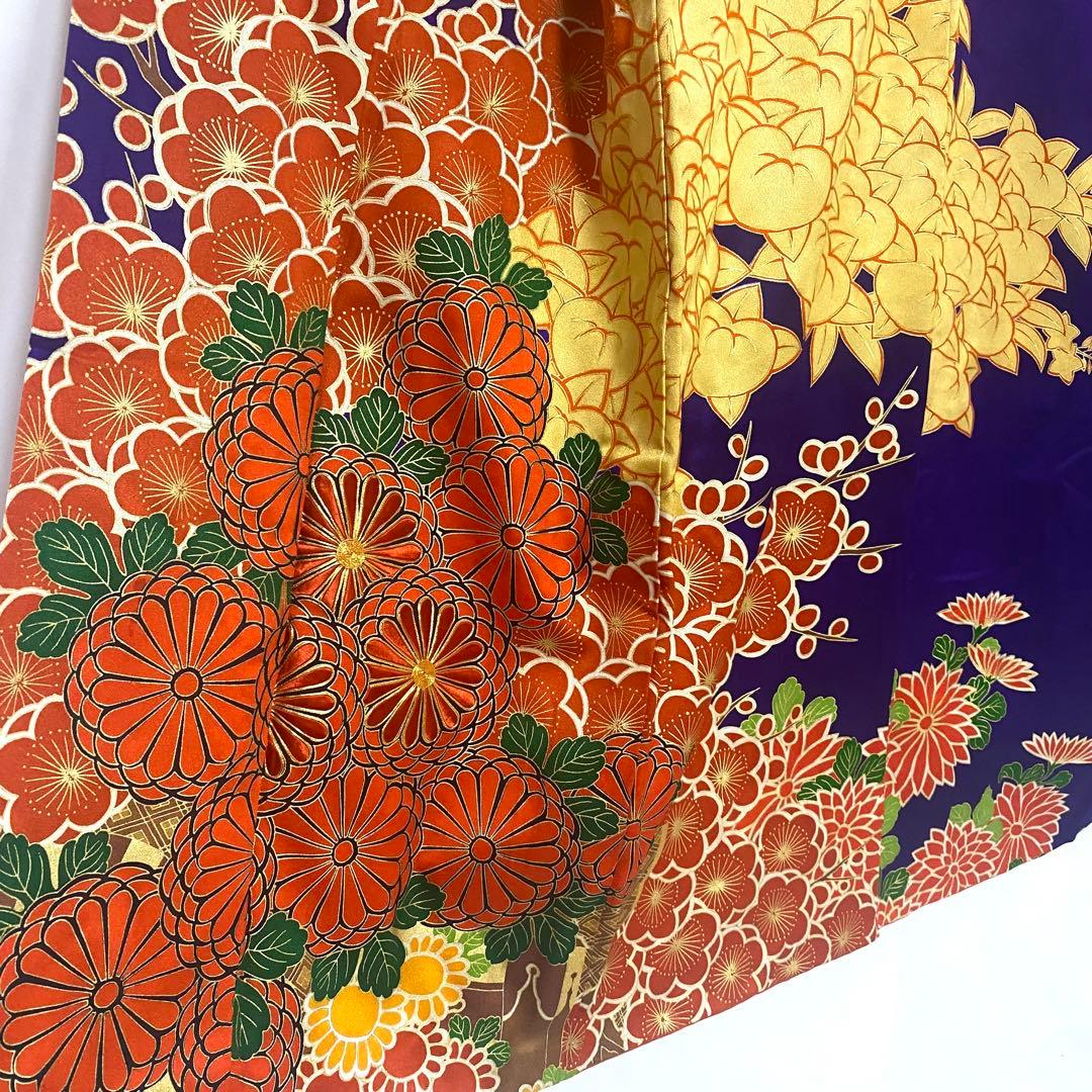 5k775 振袖　正絹　袷　子供用　金駒刺繍　紫　赤　金色　緑　花柄　和装　着物