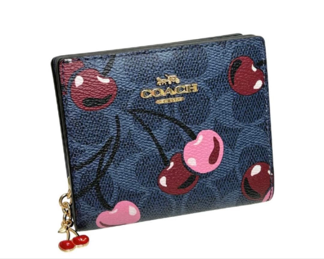 COACH チェリー柄 二つ折り財布 ネイビー