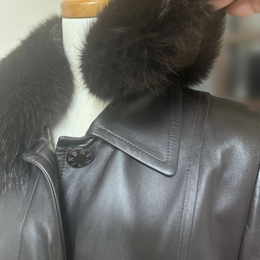 【美品】バルマンレザー ロングコート ファー襟（取り外し可能）付き
