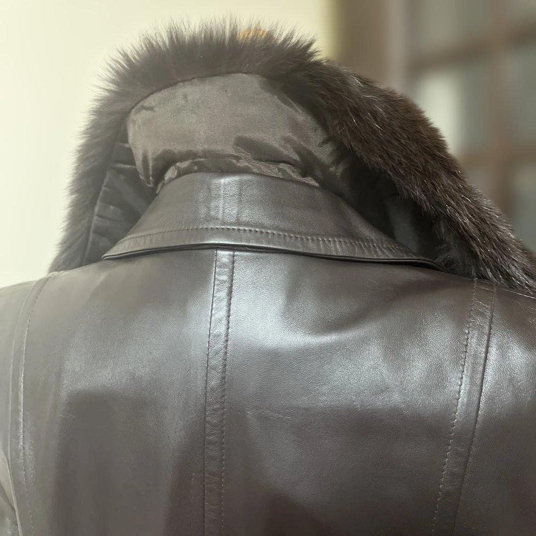 【美品】バルマンレザー ロングコート ファー襟（取り外し可能）付き