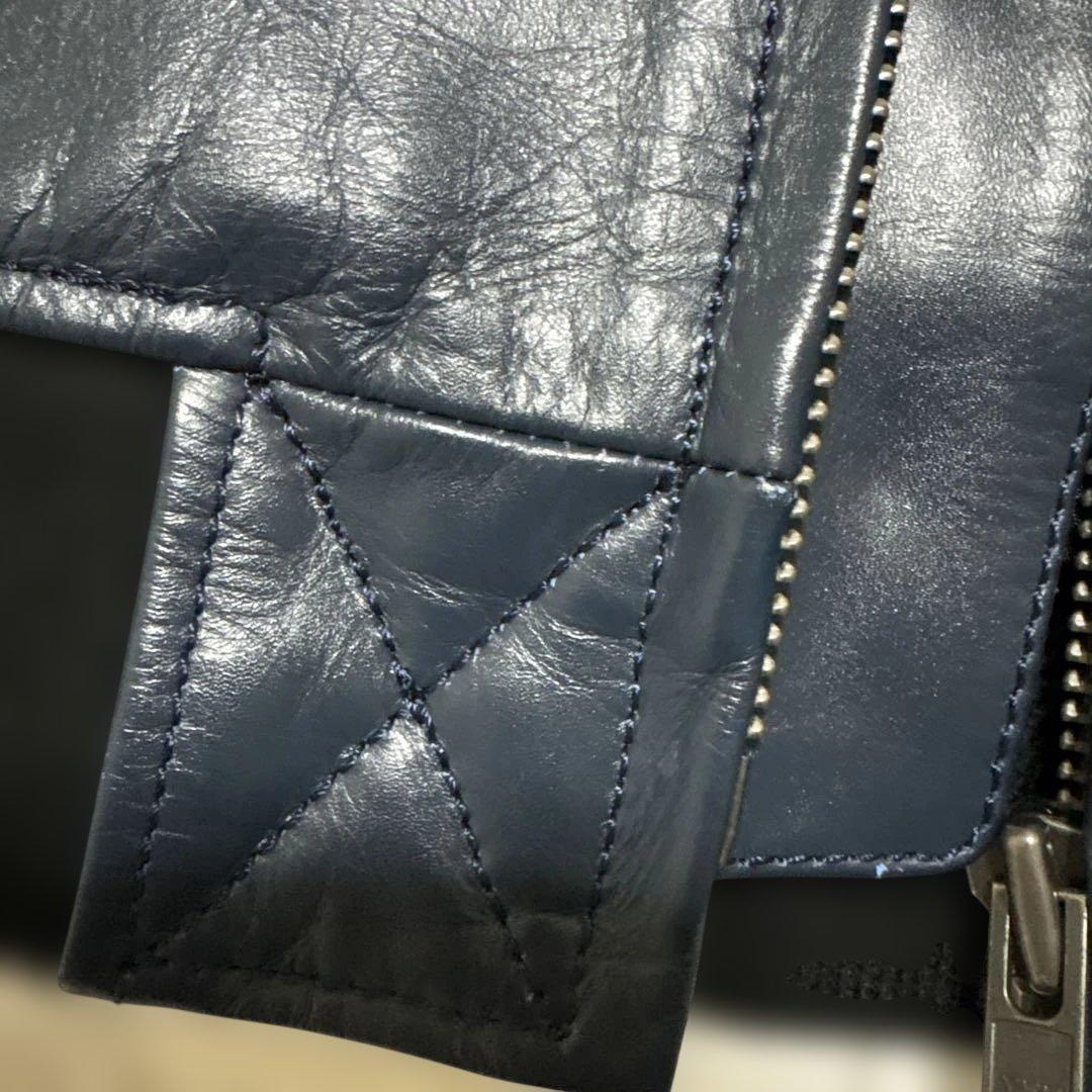 レザーシングルライダースジャケット ネイビー/ブラック　Lサイズ