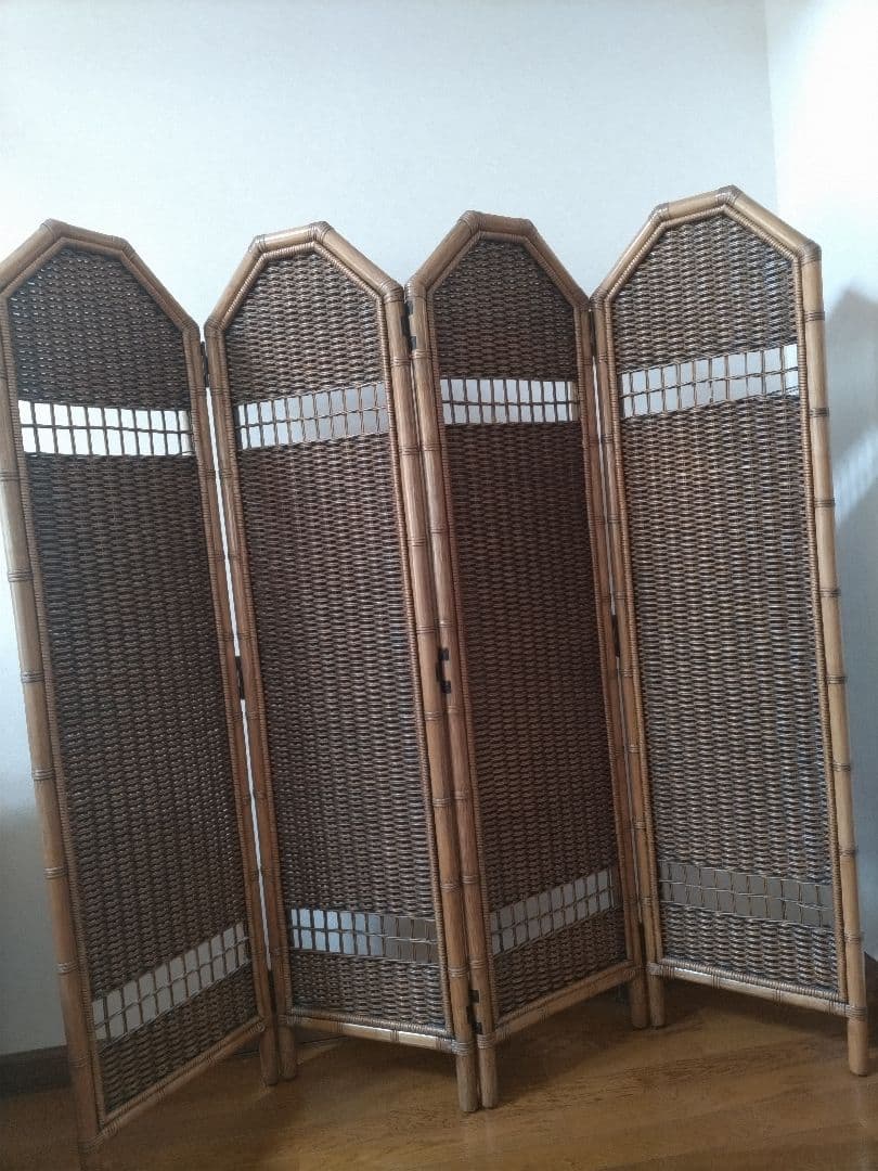 藤　ラタン　パーテション　4連　衝立　間仕切り