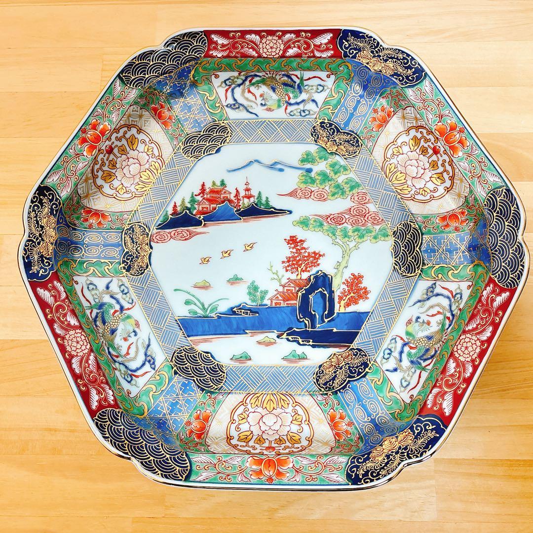 有田焼　幸楽窯　錦色絵山水尺盛皿　31cm