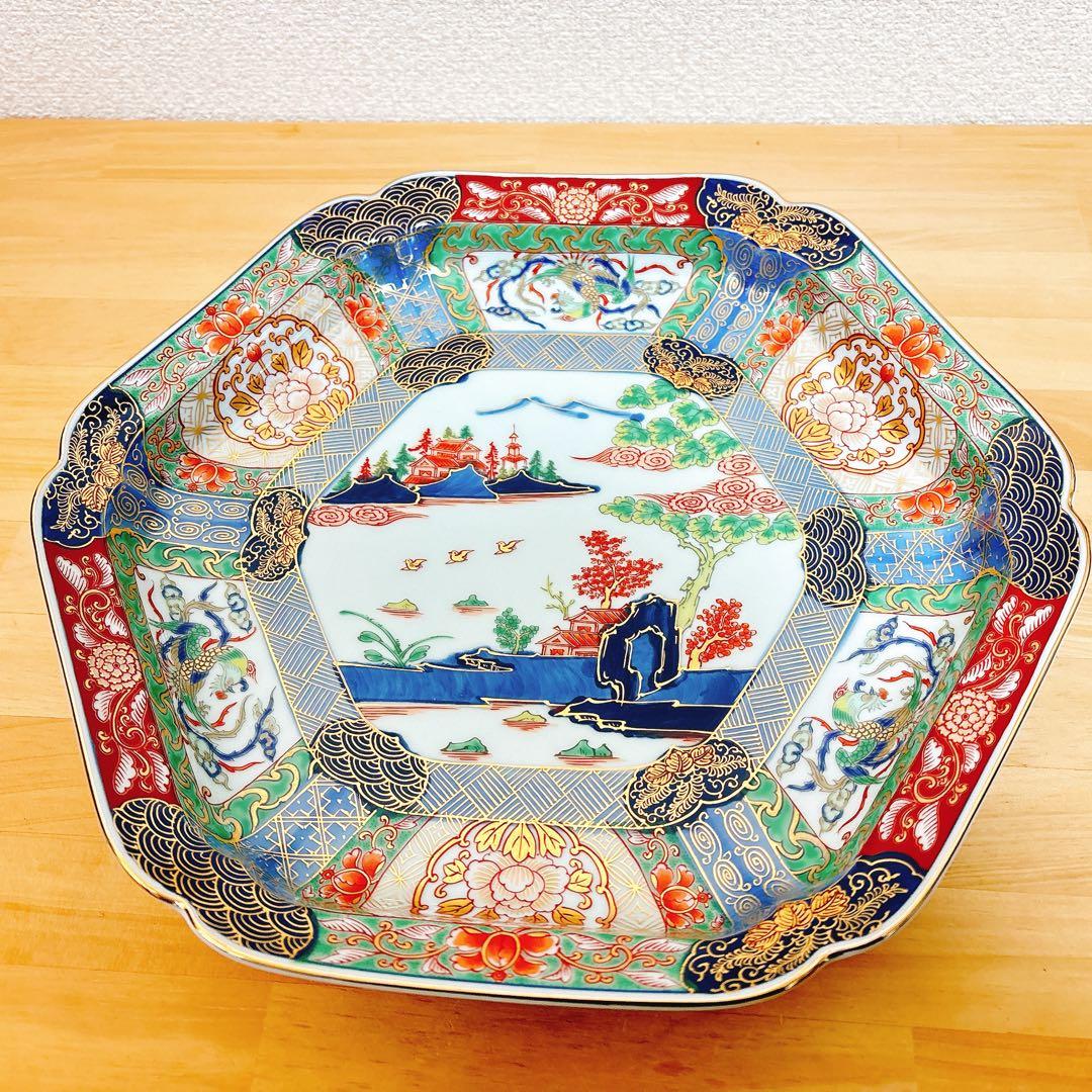 有田焼　幸楽窯　錦色絵山水尺盛皿　31cm