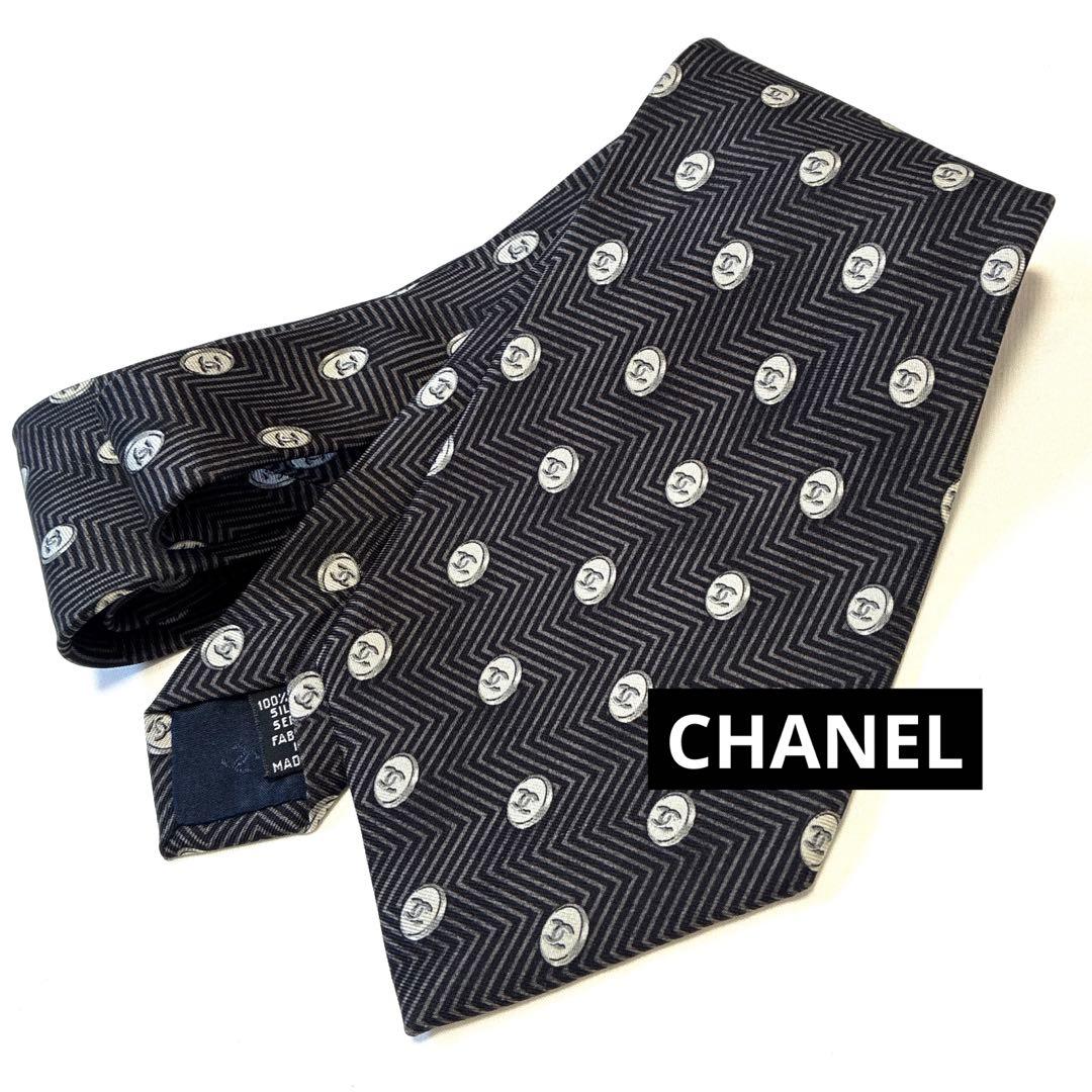 ◆CHANEL シャネル ネクタイ 美品 ココマーク 総柄 ロゴ ブラック