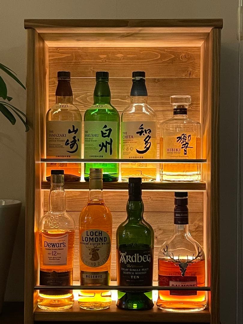 ウイスキーラック　シェルフ　LEDライト付き　ビンテージ　ハンドメイド