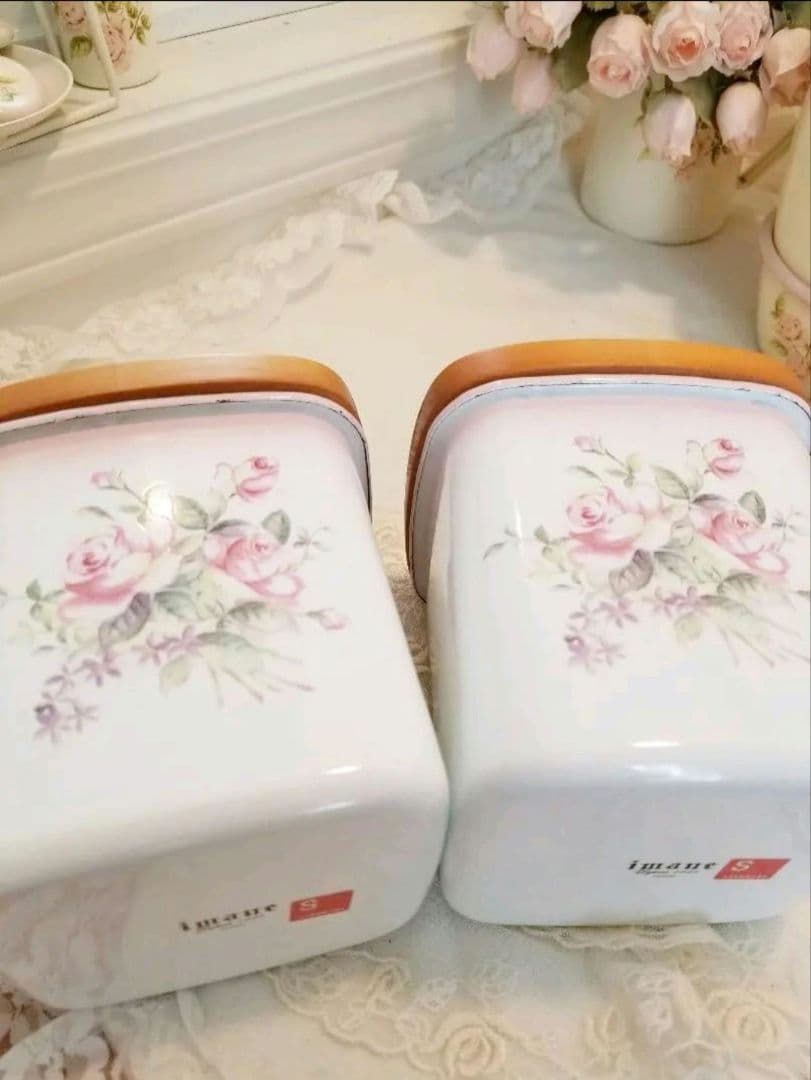 イマン imane ビビアンピンク 四角木蓋キャニスター2個セットホーロー