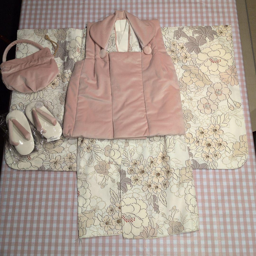 ピンク花柄着物セット 100cm 3歳七五三　被布コート