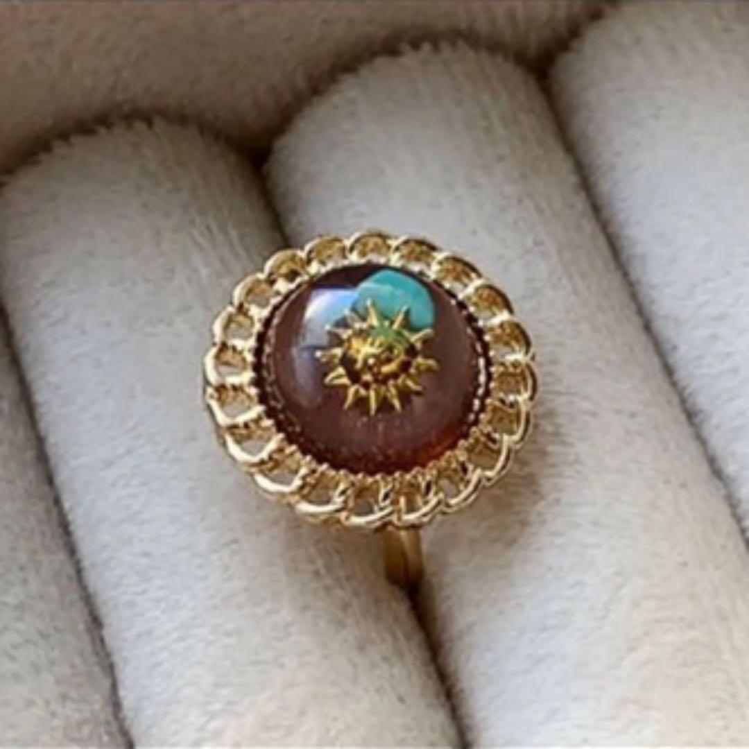 ターコイズとアバロンシェルを閉じ込めた　太陽のリング　コーヒーブラウン