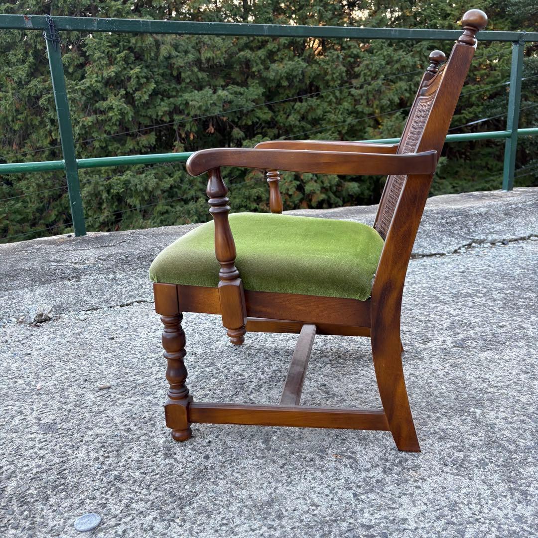 寺222 美品 オールドカリモク ラタンチェア モケットグリーン ②