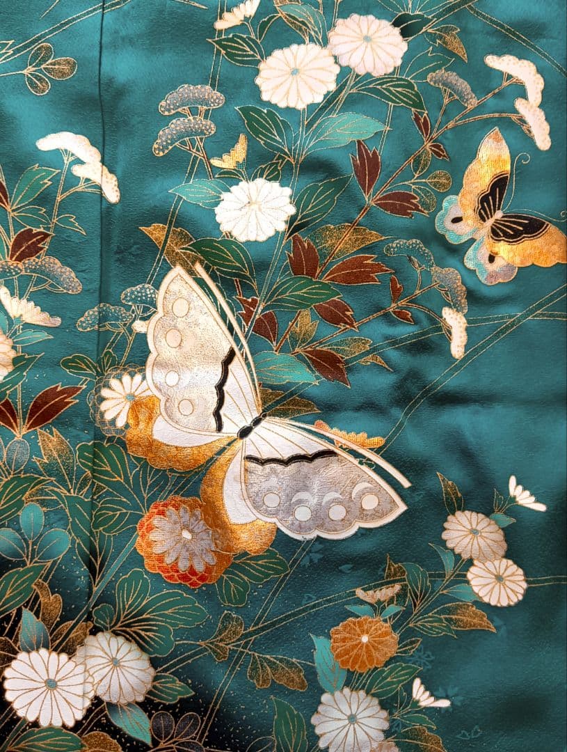 振袖フルセット エメラルドグリーン に金彩花蝶　丈164 裄64.5