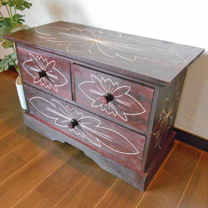 花柄模様 チェスト アジアン家具 バリ家具 収納家具 完成品家具 アンティーク風