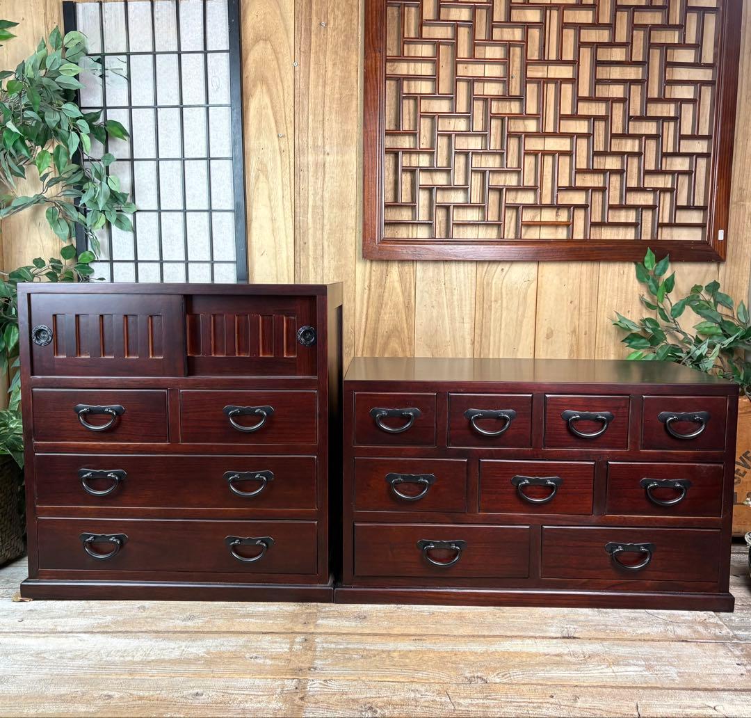 民芸家具桐無垢多引き出しチェスト二点セット木製多収納飾り棚工具棚裁縫棚箪笥タンス