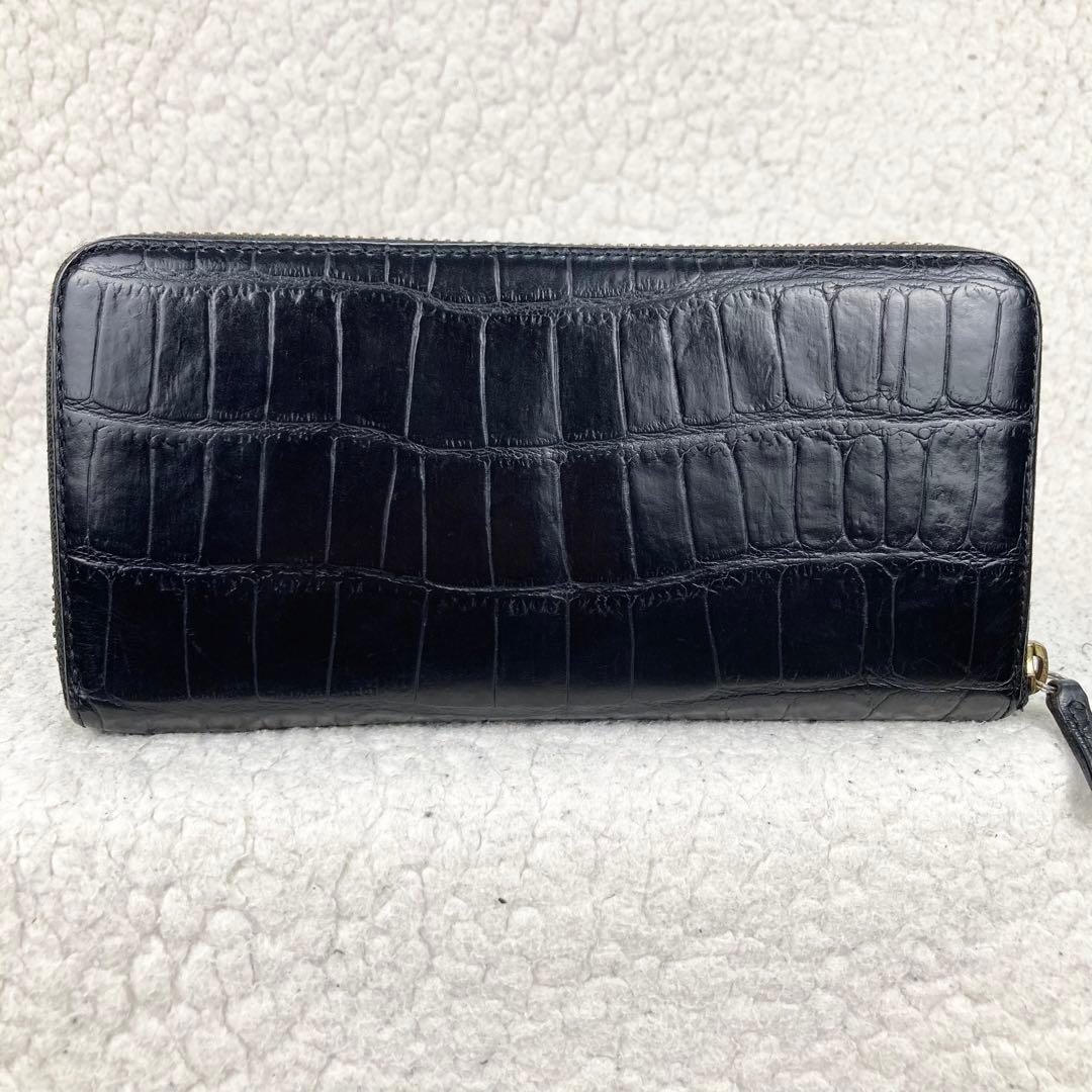 美品 フェリージ 長財布 クロコ型押 ラウンドジップ 黒 125 イタリア製