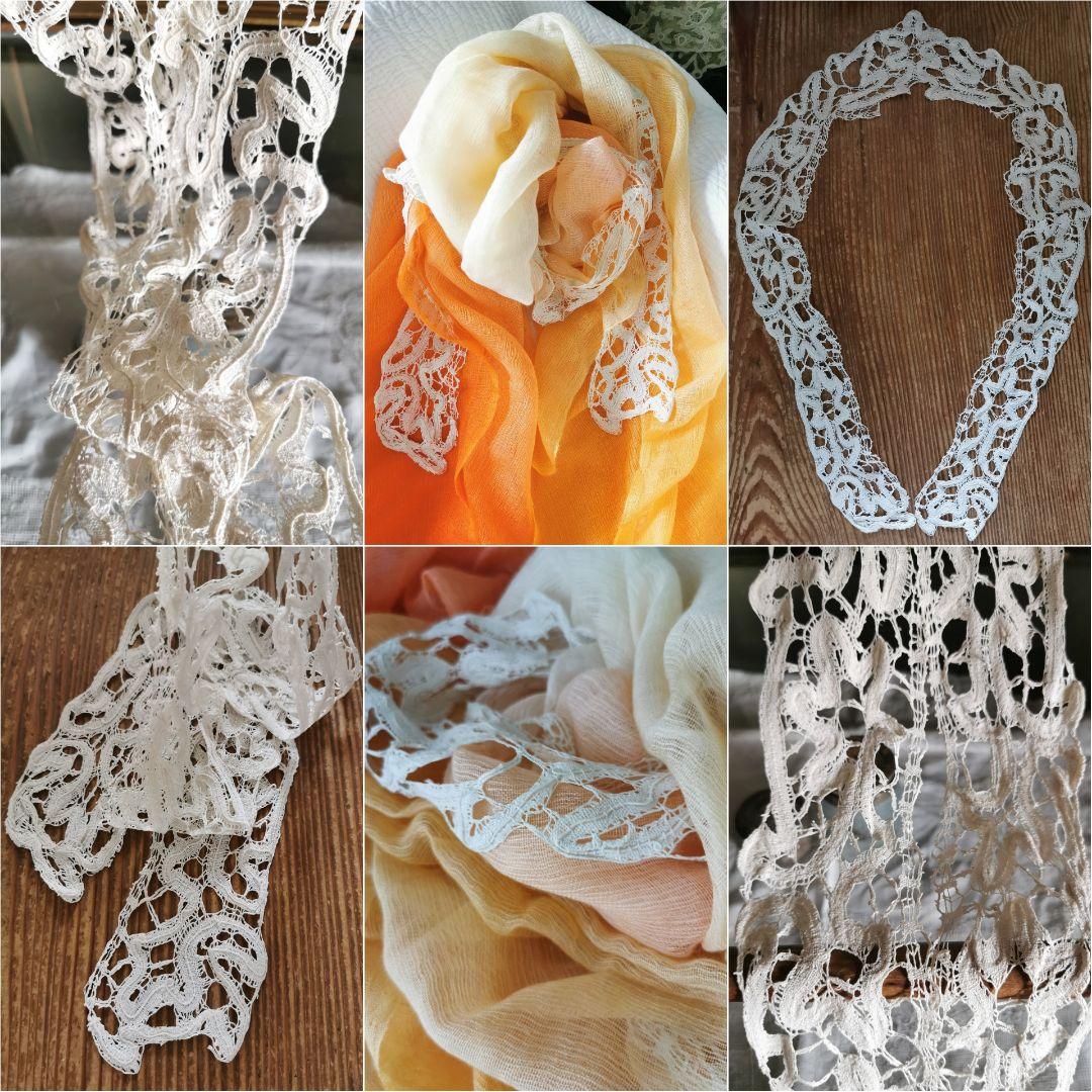 アンティーク ボビン編みリネンレース 艶と光沢のあるショール アイボリーエクリュ